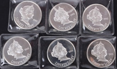 1 OZT FINE SILVER 1985 LIBERTY LOBBY PF ROUNDS-(6)