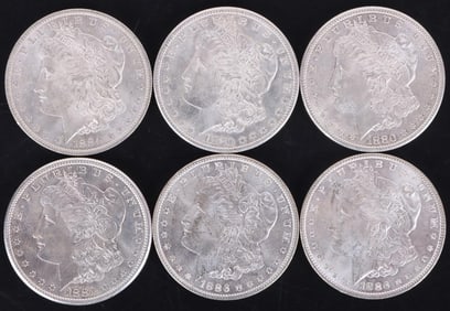 ASSORTED AU-MS 90% SILVER MORGAN DOLLARS - (6)