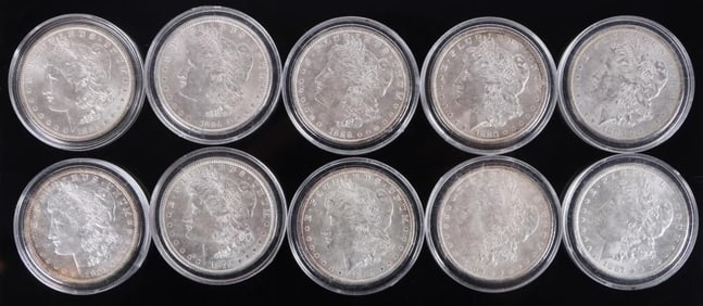 ASSORTED 90% SILVER AU-MS MORGAN DOLLARS - (10)