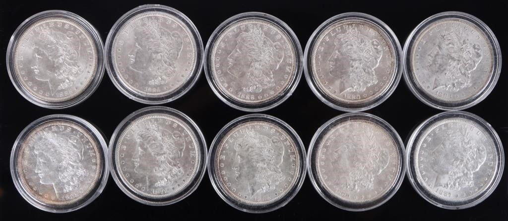 ASSORTED 90% SILVER AU-MS MORGAN DOLLARS - (10) (1 of 6)