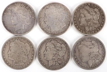 ASSORTED 90% SILVER MORGAN/ PEACE DOLLARS - (6)