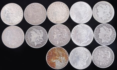 ASSORTED 90% SILVER 1800'S MORGAN DOLLARS - (13)