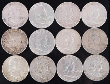 ASSORTED 90% SILVER BEN FRANKLIN HALF DOLLARS-(12)