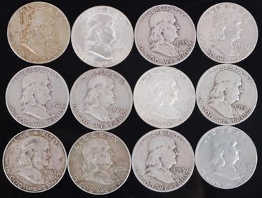 ASSORTED 90% SILVER BEN FRANKLIN HALF DOLLARS-(12)