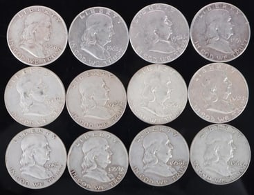 ASSORTED 90% SILVER BEN FRANKLIN HALF DOLLARS-(12)