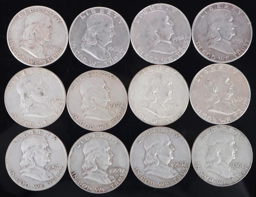 ASSORTED 90% SILVER BEN FRANKLIN HALF DOLLARS-(12) (1 of 2)