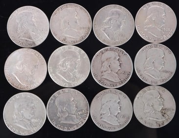 ASSORTED 90% SILVER BEN FRANKLIN HALF DOLLARS-(12)
