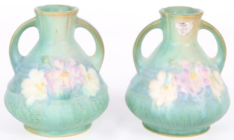 VINTAGE ROSEVILLE POTTERY GREEN COSMOS VASES