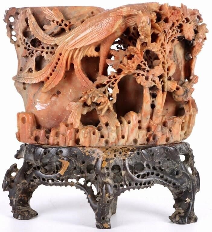 FINE CARVED CHINESE SOAPSTONE DOUBLE VASE (1 of 6)