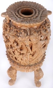 HAND-CARVED ORNATE BALINESE WOODEN VASE