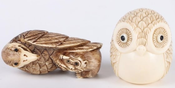 ANTIQUE JAPANESE SAGEMONO NETSUKE BIRDS SIGNED