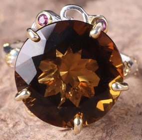 18CT LARGE COGNAC QUARTZ STERLING SILVER RING