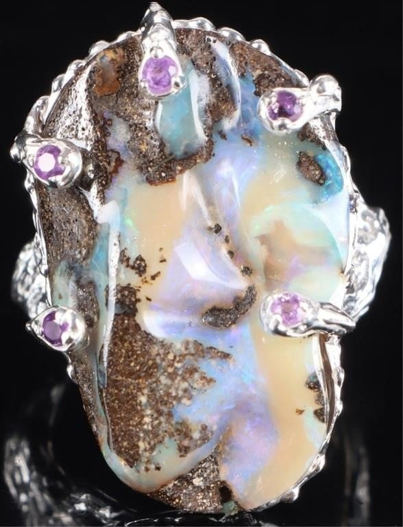32CT BOULDER OPAL STERLING SILVER RING W/ AMETHYST (1 of 4)
