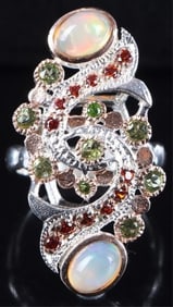 ORNATE OPAL & GEMSTONE STERLING SILVER RING
