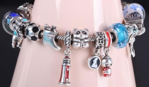 PANDORA STERLING SILVER CHARM BRACELET 18 CHARMS