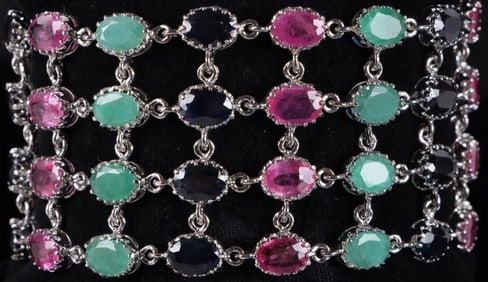 STERLING SILVER BRACELET W/ EMERALD RUBY TOPAZ