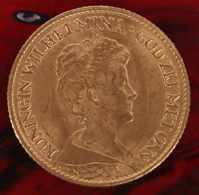 90% GOLD 1917 KONINGIN WILHELMINA 10 GULDEN COIN