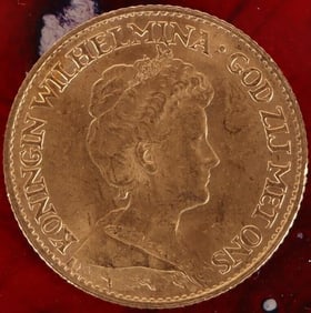 90% GOLD 1917 KONINGIN WILHELMINA 10 GULDEN COIN