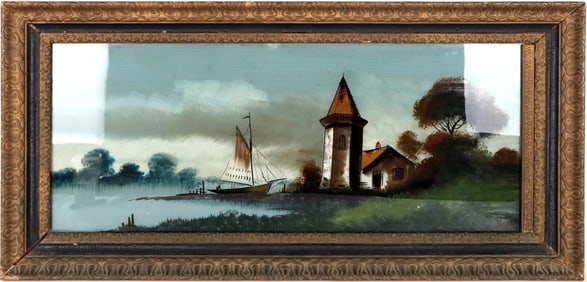 LIGHTHOUSE W/ BOAT ON A LAKE FRAMED PAINTING