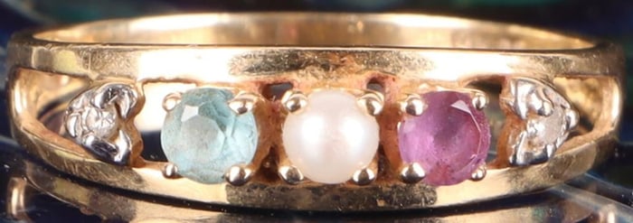 14K YELLOW GOLD AMETHYST DIAMOND TOPAZ PEARL RING