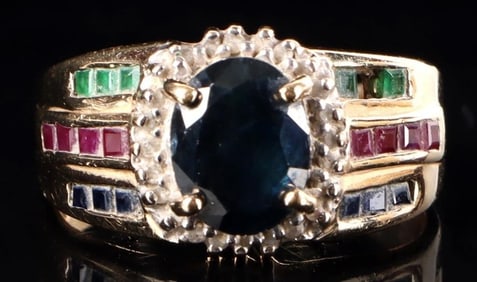 14K YELLOW GOLD RING W TOPAZ RUBY EMERALD DIAMONDS