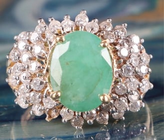 14K YELLOW GOLD NATURAL DIAMOND EMERALD RING