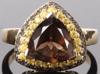 14K YELLOW GOLD SMOKY QUARTZ DIAMOND LADIES RING