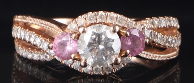 14K YELLOW GOLD LADIES RING W/ DIAMONDS ROSE TOPAZ