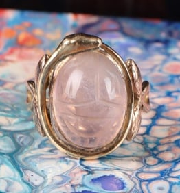 PINK QUARTZ SCARAB 14K YELLOW GOLD RING