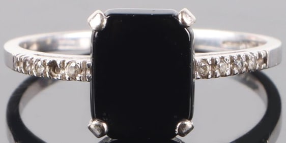 14K WHITE GOLD MENS RING W/ ONYX SLAB & RHINESTNS