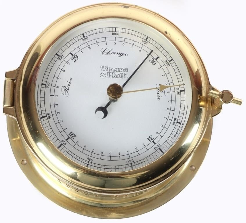 VINTAGE MARITIME BAROMETER WEEMS & PLATH BRASS: Vintage Weems & Plath pure brass maritime barometer, made in Germany. Wrapped in fabric for protection. Weems & PlathWeight: 2.9 lbsSize: 5.75 "X 3.5"Condition: Slightly tarnished, see pictures.