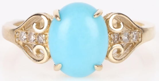 10K YELLOW GOLD TURQUOISE DIAMOND LADIES RING
