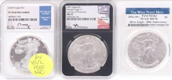 FINE SILVER AMERICAN EAGLES NGC/PCGS PF/MS-70 -(3)