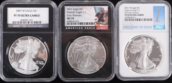 FINE SILVER AMERICAN EAGLES PF/MS NGC GRADED -(3)