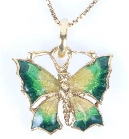 18K YELLOW GOLD NECKLACE PAINTED ENAMEL BUTTERFLY