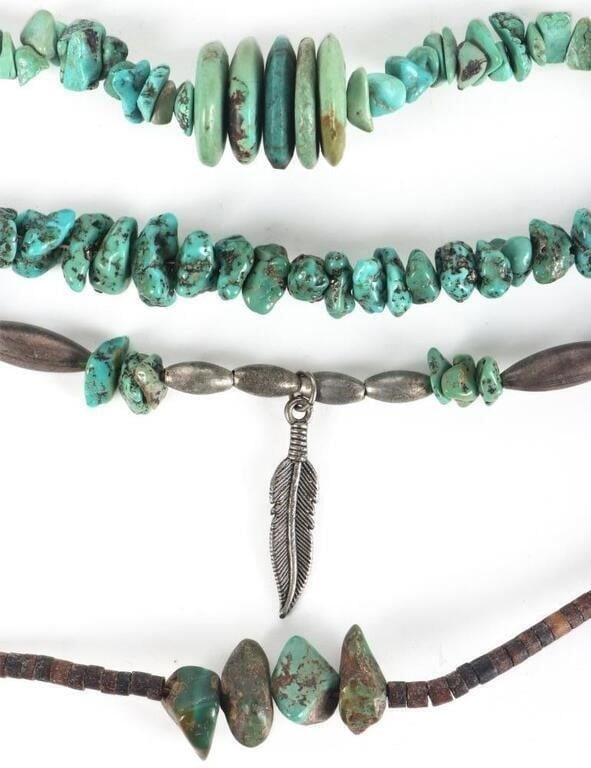 CHUNKY TURQUOISE STERLING SOUTHWEST NECKLACES: Chunky turquoise sterling silver southwest ladies necklaces to include one sterling & silver plated necklace, one four-beaded turquoise necklace, one large chunky turquoise and malachite beaded chip n