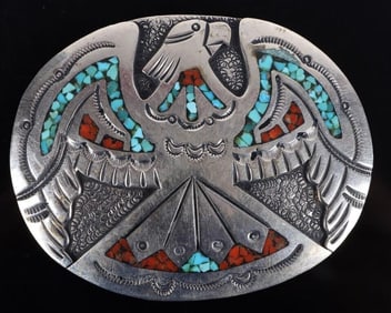 J. NEZZIE 0.925 NAVAJO MOSAIC EAGLE BELT BUCKLE