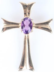 14K YELLOW GOLD CROSS PENDANT W AMETHYST PENDANT