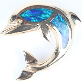 14K YELLOW GOLD BLUE OPAL DOLPHIN LADIES PENDANT