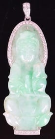 18K WHITE GOLD DIAMOND CARVED JADE BUDDHA PENDANT