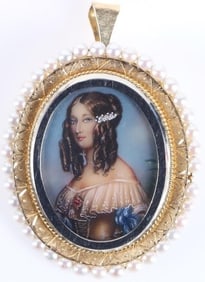 18K YELLOW GOLD LADIES PENDANT W/ PAINTED PORTRAIT