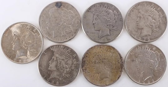 ASSORTED 90% SILVER MORGAN/PEACE DOLLARS - (7)