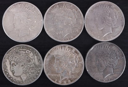 ASSORTED 90% SILVER MORGAN/ PEACE DOLLARS - (6)