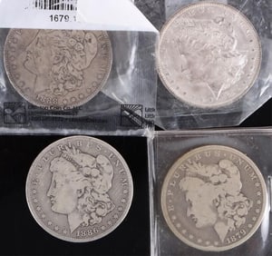 US MORGAN SILVER DOLLARS 1879, '85, '86, '88 (4)