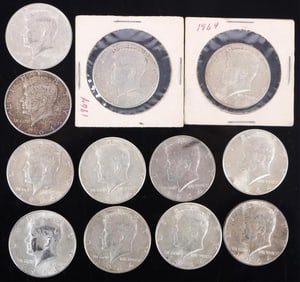 ASSORTED 90% SILVER KENNEDY HALF DOLLARS - (12)