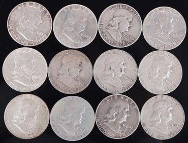 ASSORTED 90% SILVER BEN FRANKLIN HALF DOLLARS-(12)