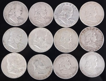 ASSORTED 90% SILVER BEN FRANKLIN HALF DOLLARS-(12)