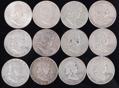 ASSORTED 90% SILVER BEN FRANKLIN HALF DOLLARS-(12)