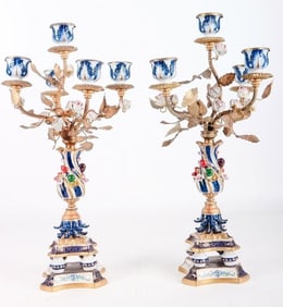 ANTIQUE HAND CRAFTED PORCELAIN CANDELABRA PAIR