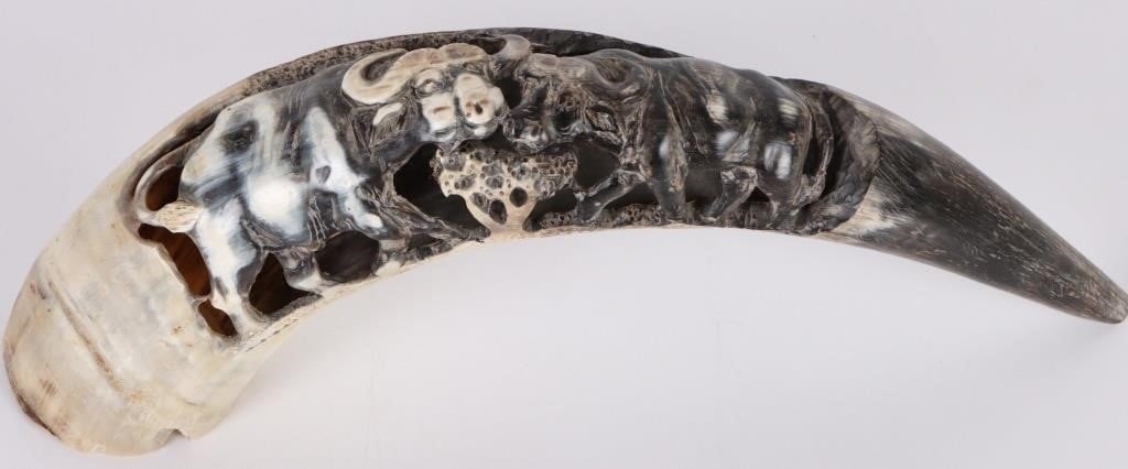 SOUTH AFRICAN CAPE BUFFALO HORN CARVING: South African Cape buffalo horn carving with hand carved detailed cape buffalo. Horn is signed.Size: 15" LengthCondition: Very fine.